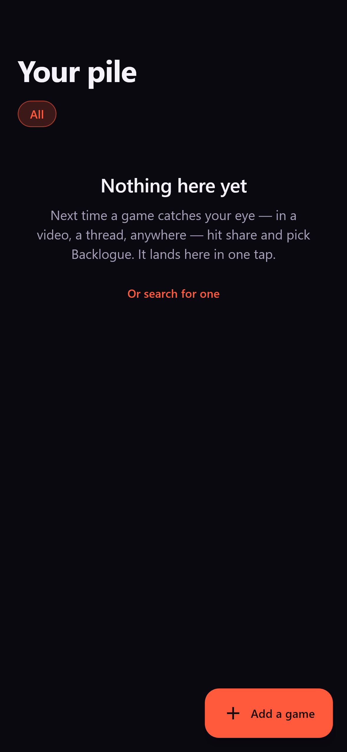 The empty state, explaining how to save a game from the share sheet