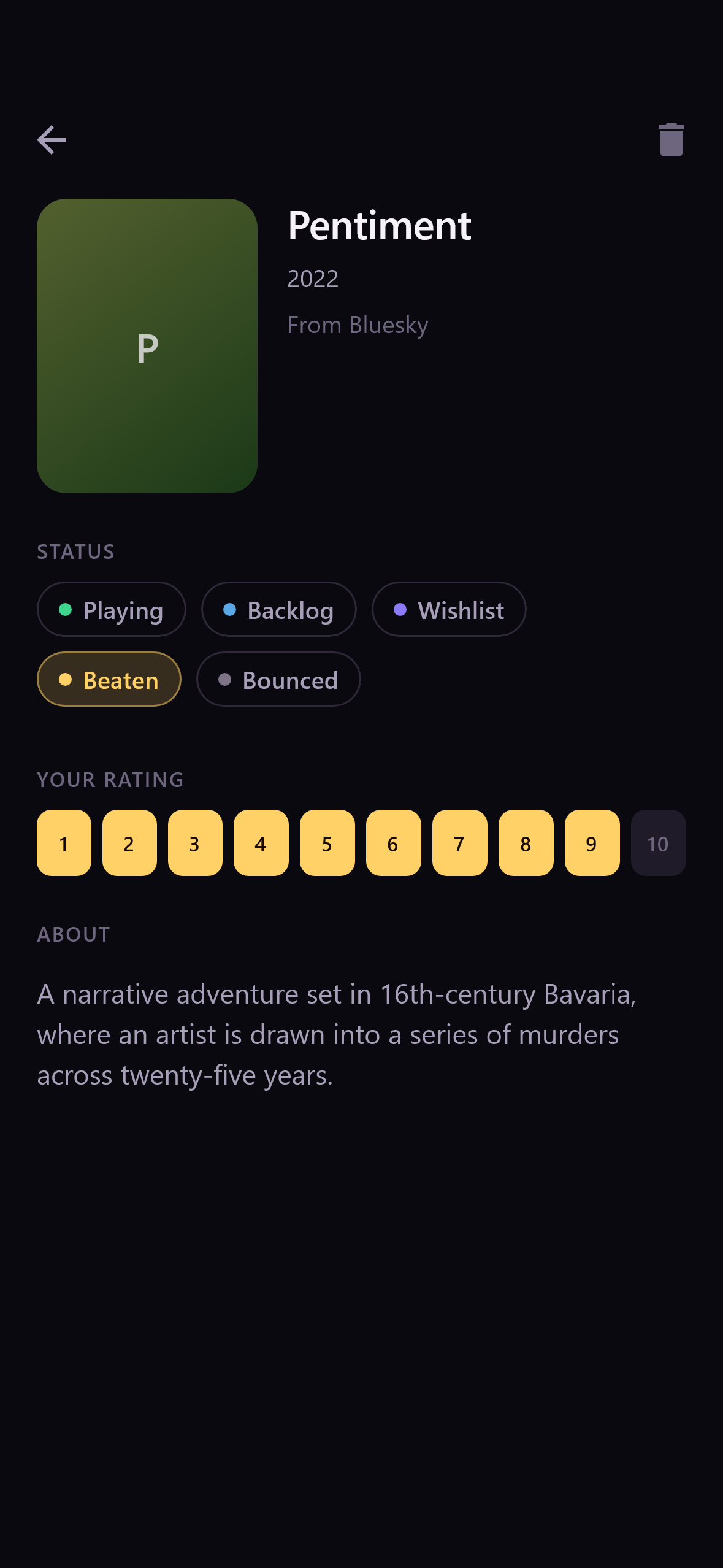 A game's detail screen with status, rating and description